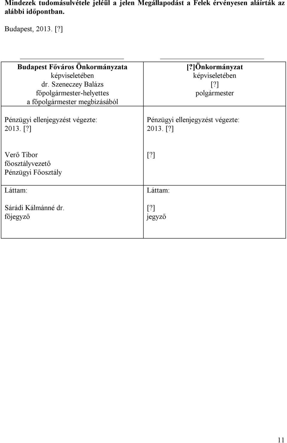 Szeneczey Balázs főpolgármester-helyettes a főpolgármester megbízásából Pénzügyi ellenjegyzést végezte: 2013. [?] [?