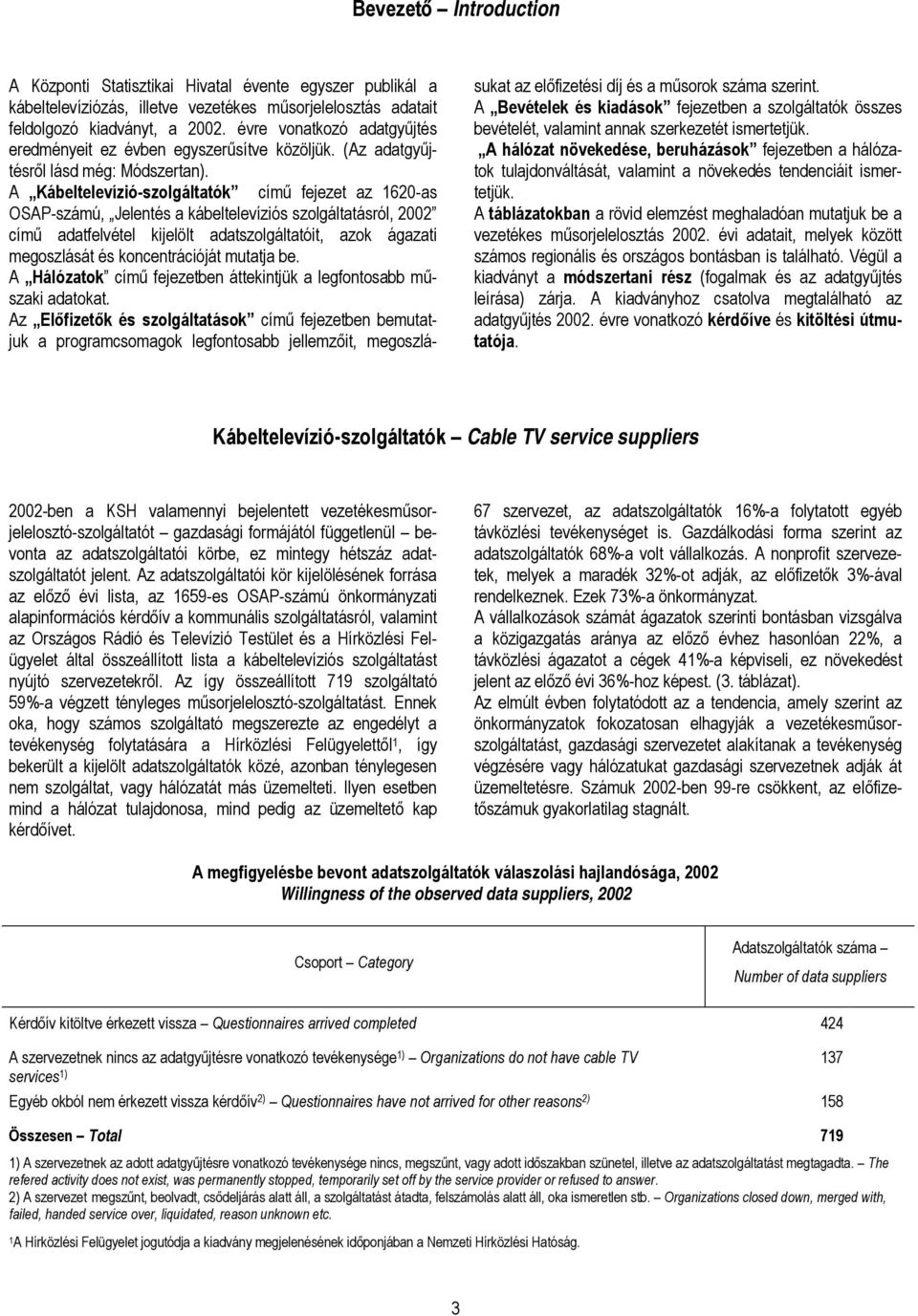 A Kábeltelevízió-szolgáltatók című fejezet az 1620-as OSAP-számú, Jelentés a kábeltelevíziós szolgáltatásról, 2002 című adatfelvétel kijelölt adatszolgáltatóit, azok ágazati megoszlását és