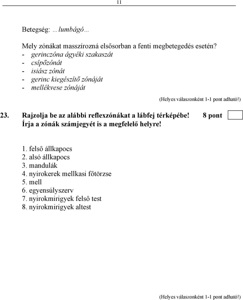 Rajzolja be az alábbi reflexzónákat a lábfej térképébe! 8 pont Írja a zónák számjegyét is a megfelelő helyre! 1.