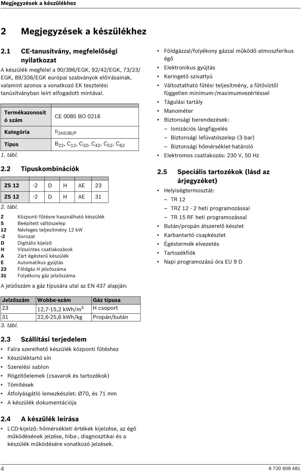 tanúsítványban leírt elfogadott mintával. Termékazonosít ó szám Kategória CE 0085 BO 0216 II 2HS3B/P Típus B 22, C 12, C 32, C 42, C 52, C 62 1. tábl. 2.2 Típuskombinációk ZS 12-2 D H AE 23 ZS 12-2 D H AE 31 2.