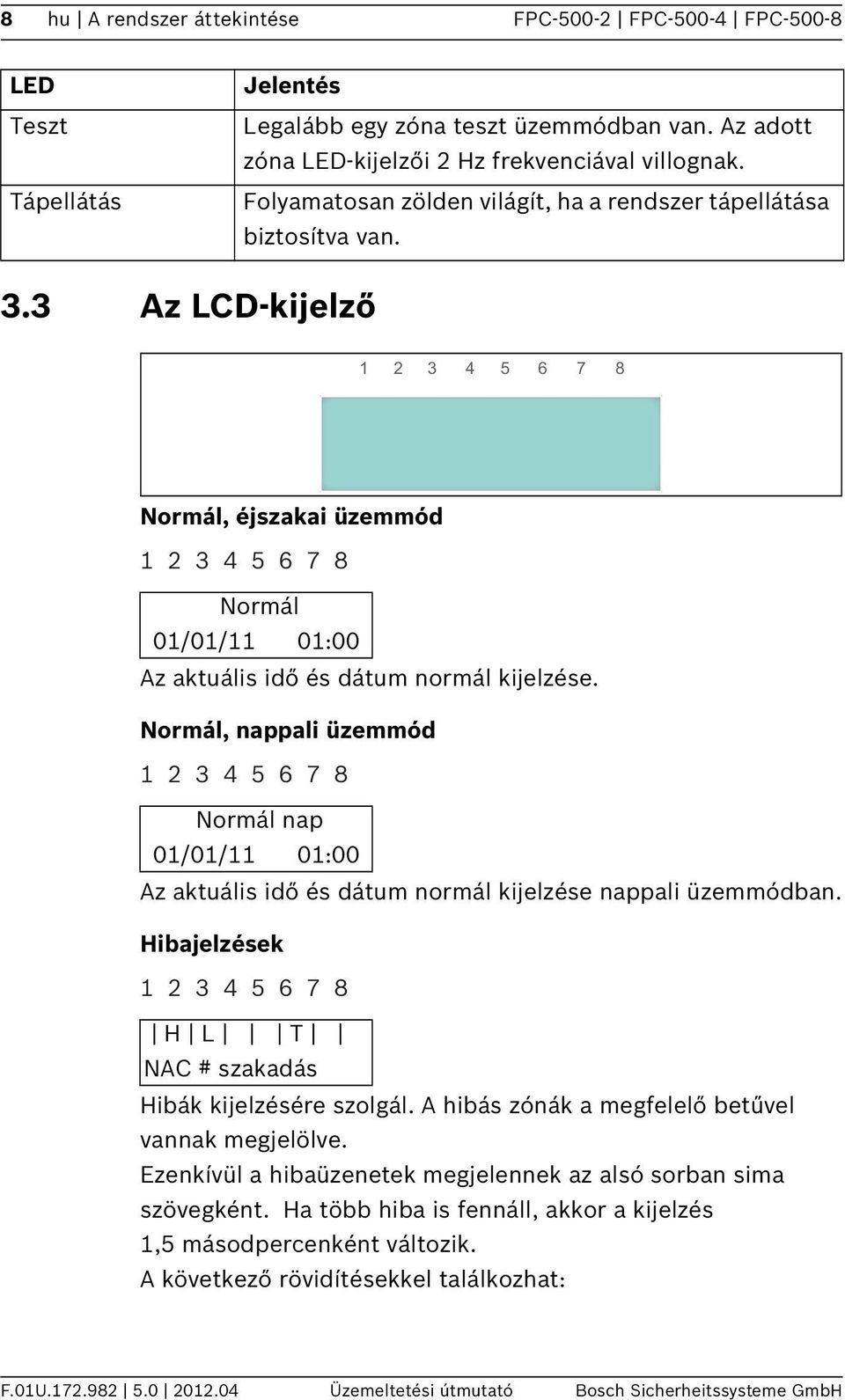 3 Az LCD-kijelző 2 3 4 5 6 7 8 Normál, éjszakai üzemmód 2 3 4 5 6 7 8 Normál 0/0/ 0:00 Az aktuális idő és dátum normál kijelzése.