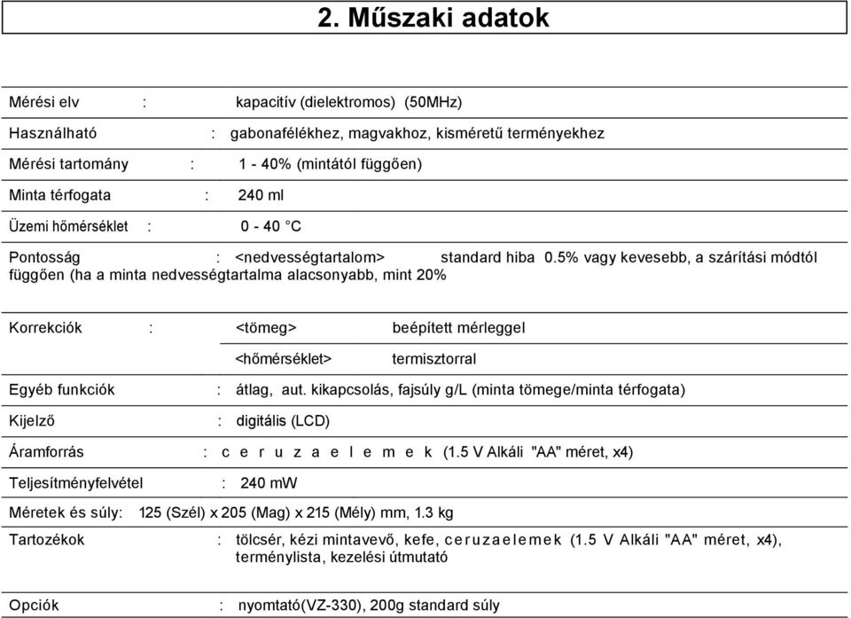 5% vagy kevesebb, a szárítási módtól függően (ha a minta nedvességtartalma alacsonyabb, mint 20% Korrekciók : <tömeg> beépített mérleggel <hőmérséklet> termisztorral Egyéb funkciók Kijelző : átlag,