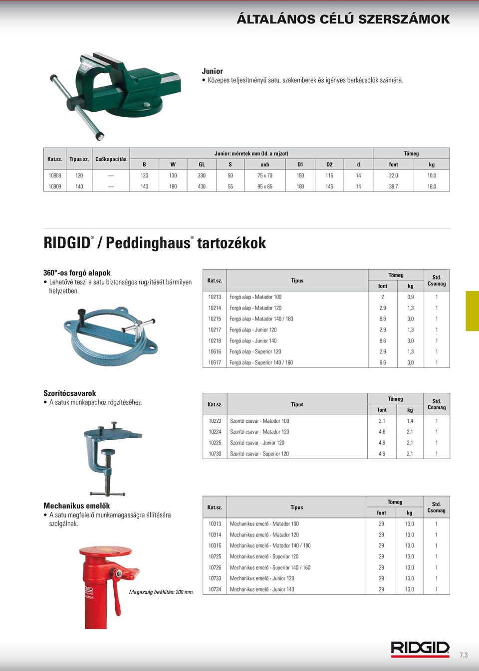 7 18,0 RIDGID / Peddinghaus tartozékok 360 -os forgó alapok Lehetővé teszi a satu biztonságos rögzítését bármilyen helyzetben. Kat.sz. Típus 10213 Forgó alap - Matador 100 2 0,9 1 10214 Forgó alap - Matador 120 2.