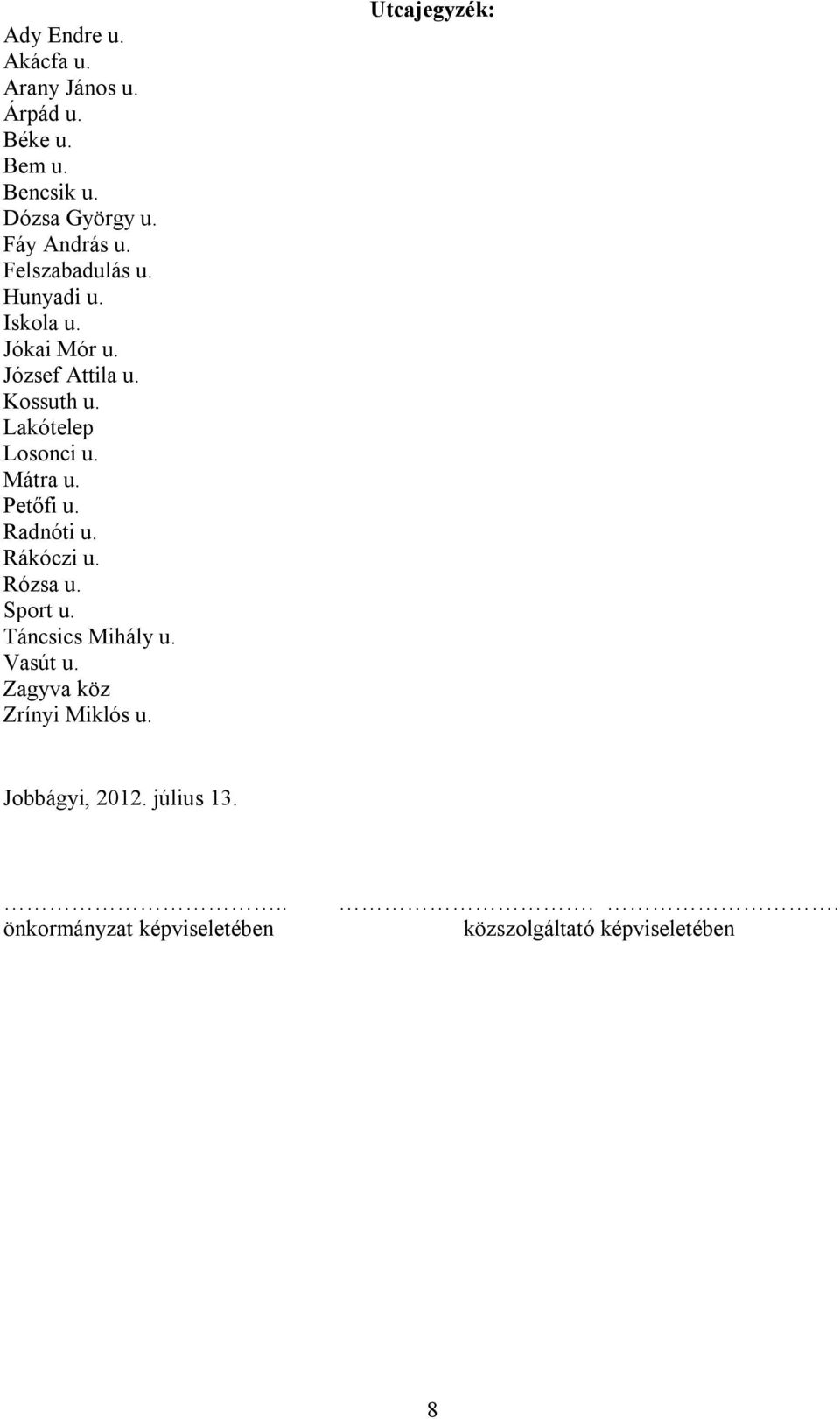 Mátra u. Petőfi u. Radnóti u. Rákóczi u. Rózsa u. Sport u. Táncsics Mihály u. Vasút u.