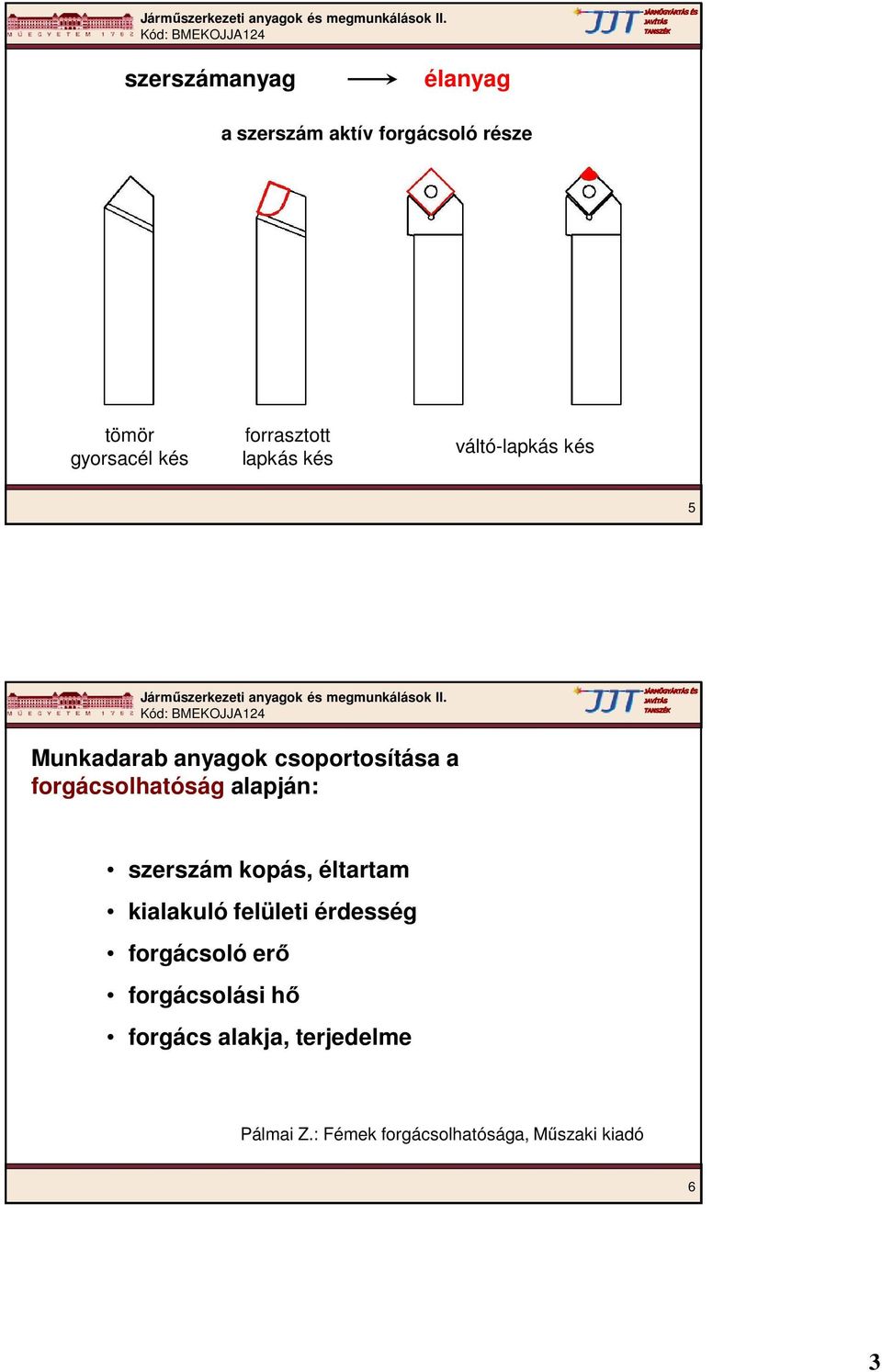 forgácsolhatóság alapján: szerszám kopás, éltartam kialakuló felületi érdesség