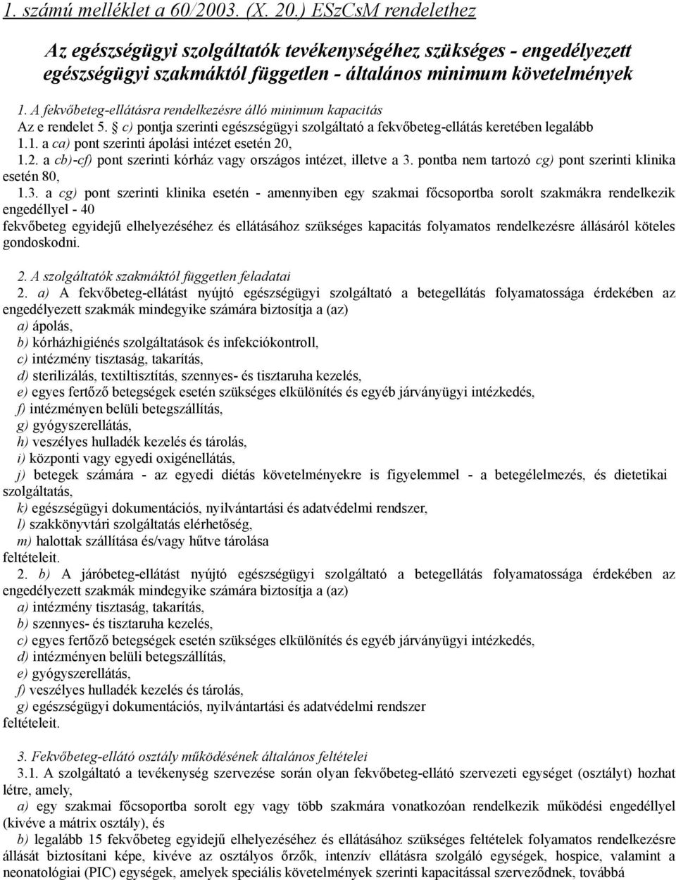 1. a ca) pont szerinti ápolási intézet esetén 20, 1.2. a cb)-cf) pont szerinti kórház vagy országos intézet, illetve a 3.