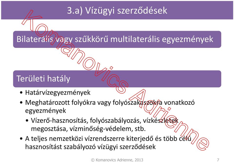 Vízerő-hasznosítás, folyószabályozás, vízkészletek megosztása, vízminőség-védelem, stb.