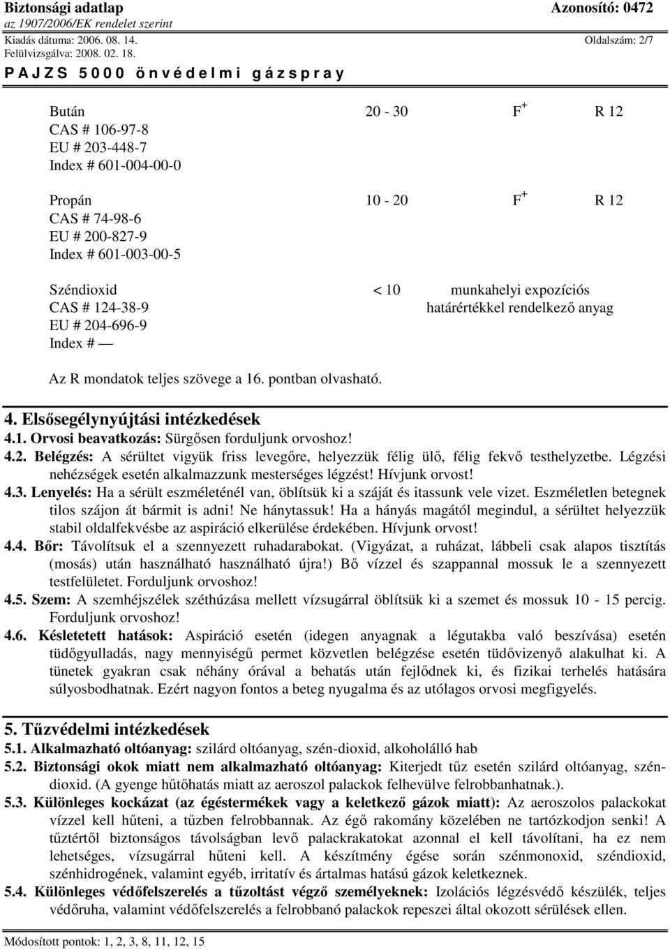 CAS # 124-38-9 határértékkel rendelkezı anyag EU # 204-696-9 Index # Az R mondatok teljes szövege a 16. pontban olvasható. 4. Elsısegélynyújtási intézkedések 4.1. Orvosi beavatkozás: Sürgısen forduljunk orvoshoz!