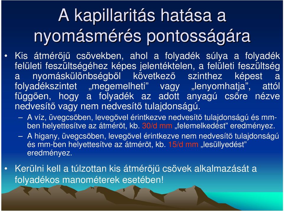 tulajdonságú. A víz, üvegcsıben, levegıvel érintkezve nedvesítı tulajdonságú és mmben helyettesítve az átmérıt, kb. 30/d mm felemelkedést eredményez.