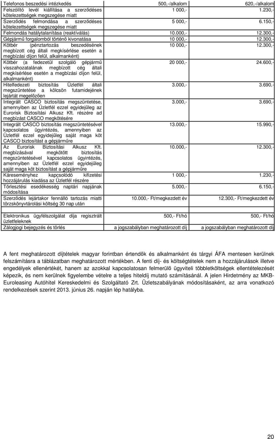 300,- megbízott cég általi megkísérlése esetén a megbízási díjon felül, alkalmanként) Kötbér (a fedezetül szolgáló gépjárm 20 000,- 24.