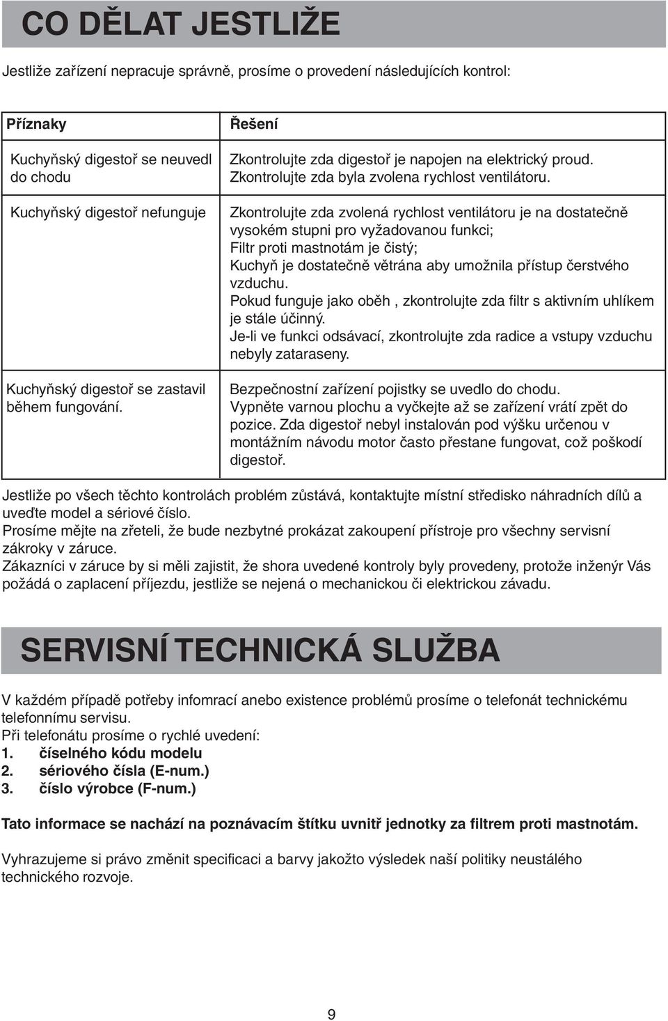 Zkontrolujte zda zvolená rychlost ventilátoru je na dostatečně vysokém stupni pro vyžadovanou funkci; Filtr proti mastnotám je čistý; Kuchyň je dostatečně větrána aby umožnila přístup čerstvého