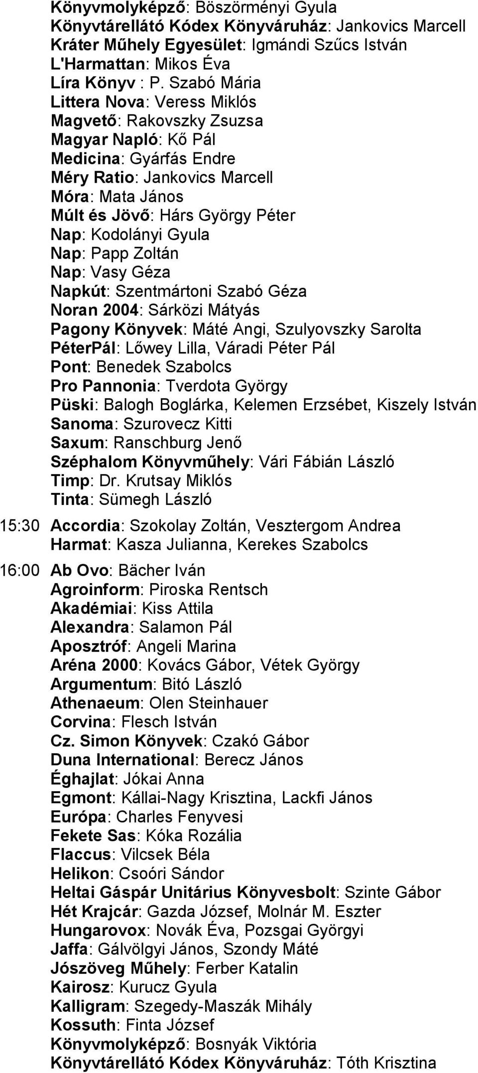 Kodolányi Gyula Nap: Papp Zoltán Nap: Vasy Géza Napkút: Szentmártoni Szabó Géza Noran 2004: Sárközi Mátyás Pagony Könyvek: Máté Angi, Szulyovszky Sarolta PéterPál: Lőwey Lilla, Váradi Péter Pál Pont: