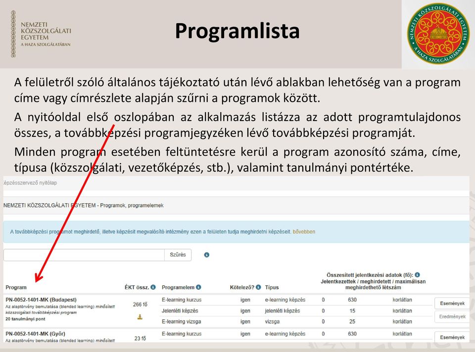 A nyitóoldal első oszlopában az alkalmazás listázza az adott programtulajdonos összes, a továbbképzési