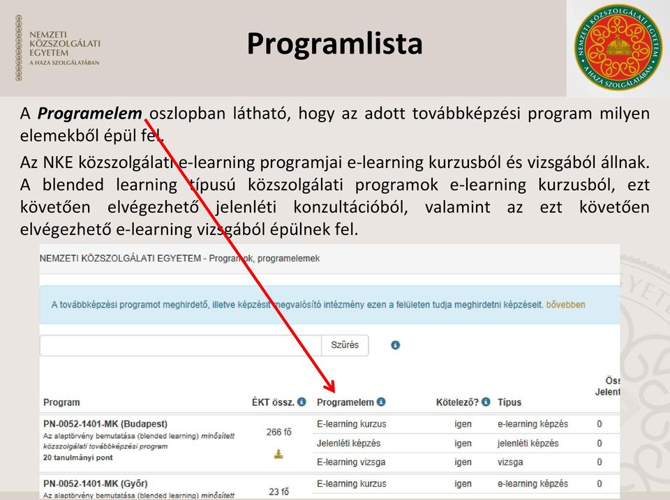 Az NKE közszolgálati e-learning programjai e-learning kurzusból és vizsgából állnak.