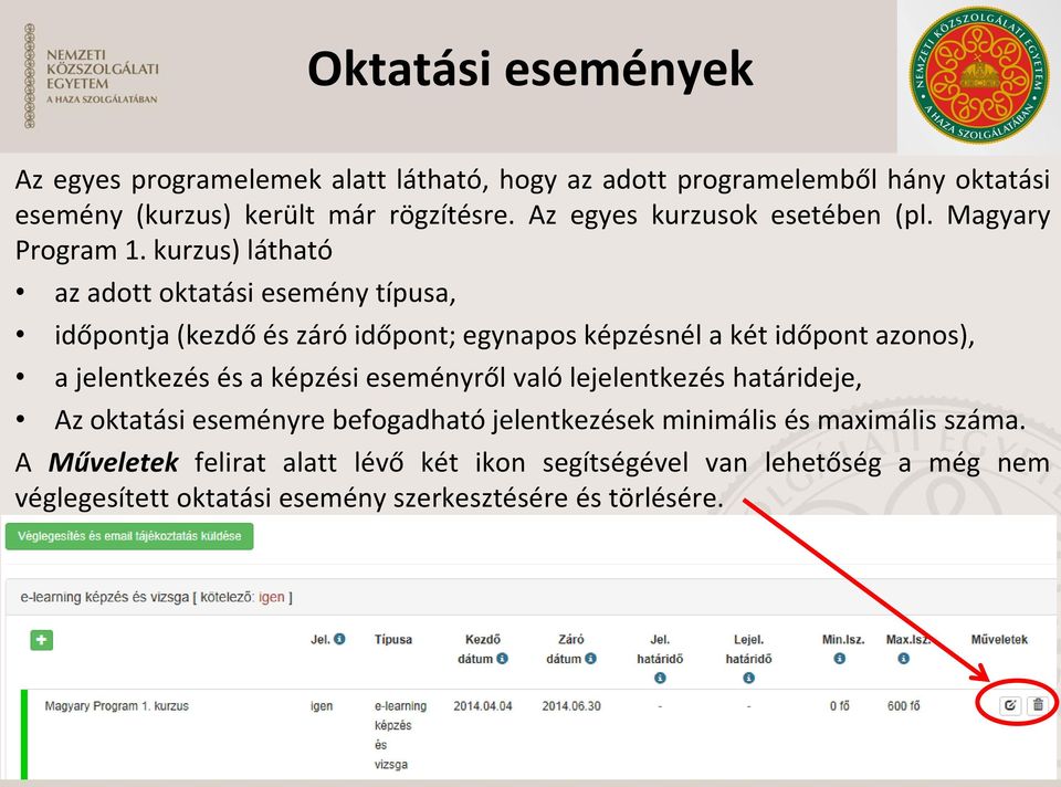 kurzus) látható az adott oktatási esemény típusa, időpontja (kezdő és záró időpont; egynapos képzésnél a két időpont azonos), a jelentkezés és a