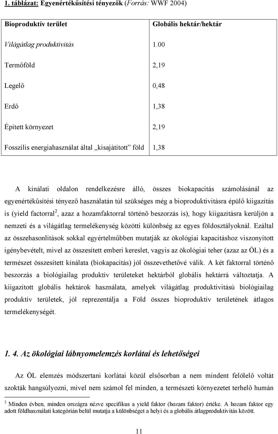 00 2,19 0,48 1,38 2,19 1,38 A kínálati oldalon rendelkezésre álló, összes biokapacitás számolásánál az egyenértékűsítési tényező használatán túl szükséges még a bioproduktivitásra épülő kiigazítás is