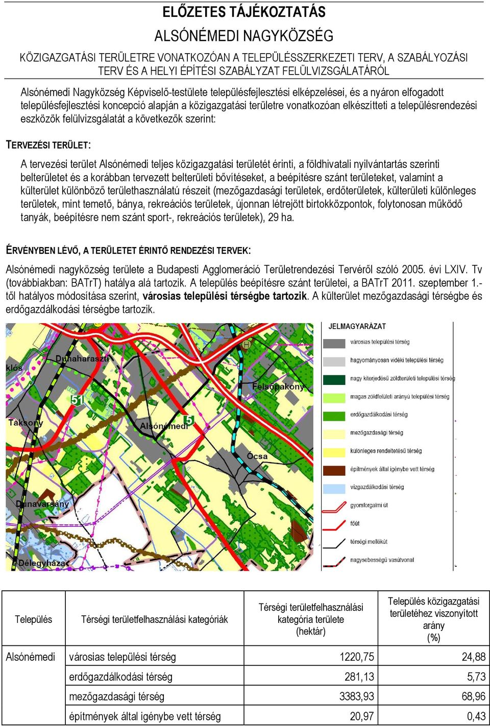 felülvizsgálatát a következık szerint: TERVEZÉSI TERÜLET: A tervezési terület Alsónémedi teljes közigazgatási területét érinti, a földhivatali nyilvántartás szerinti belterületet és a korábban