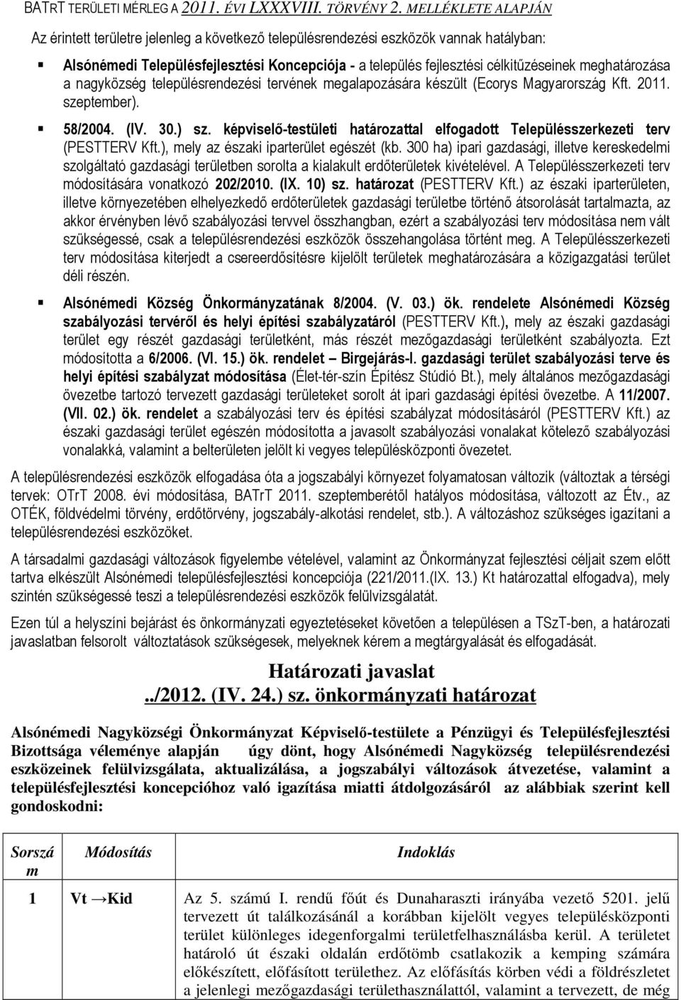 meghatározása a nagyközség településrendezési tervének megalapozására készült (Ecorys Magyarország Kft. 2011. szeptember). 58/2004. (IV. 30.) sz.