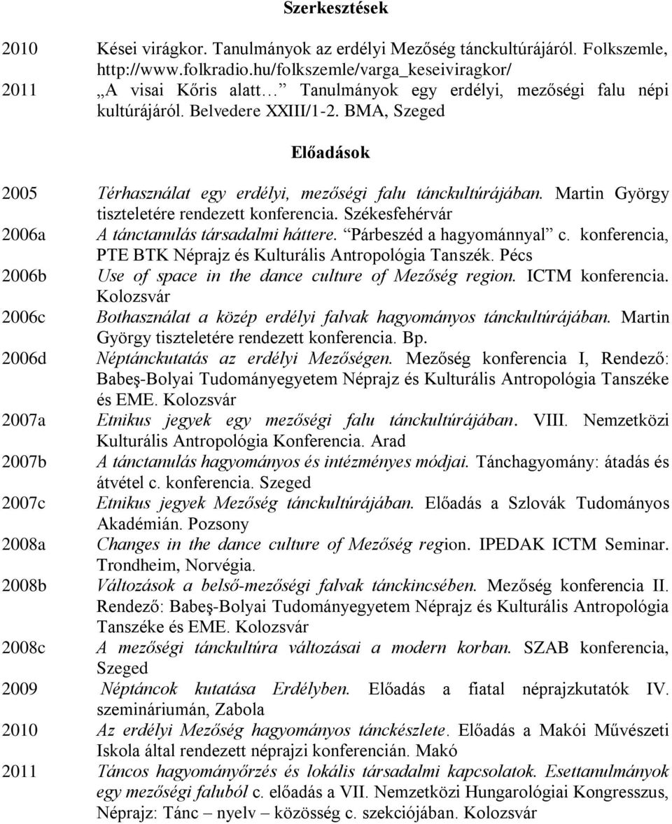 BMA, Szeged Előadások 2005 Térhasználat egy erdélyi, mezőségi falu tánckultúrájában. Martin György tiszteletére rendezett konferencia. Székesfehérvár 2006a A tánctanulás társadalmi háttere.