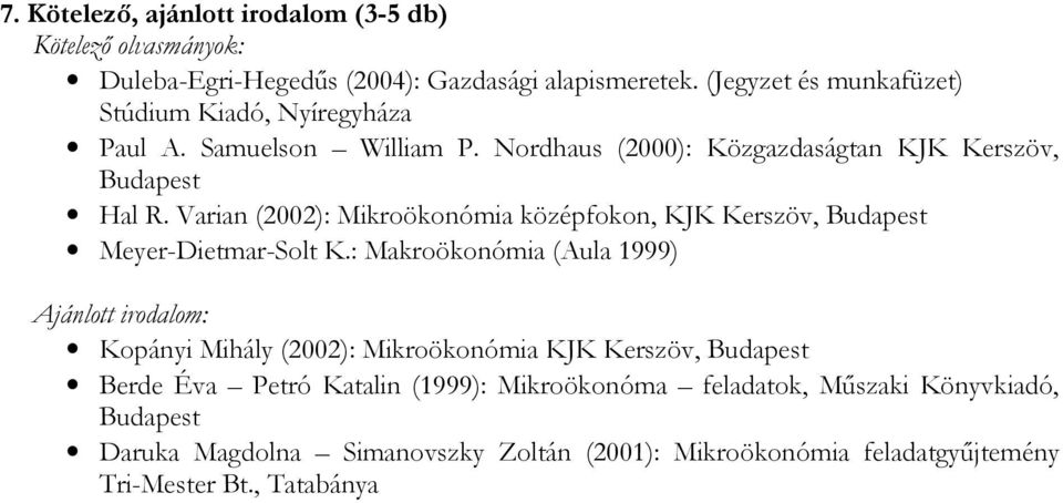 Varian (2002): Mikroökonómia középfokon, KJK Kerszöv, Budapest Meyer-Dietmar-Solt K.