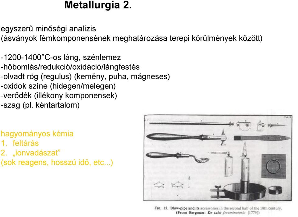 -1200-1400 C-os láng, szénlemez -hőbomlás/redukció/oxidáció/lángfestés -olvadt rög (regulus)