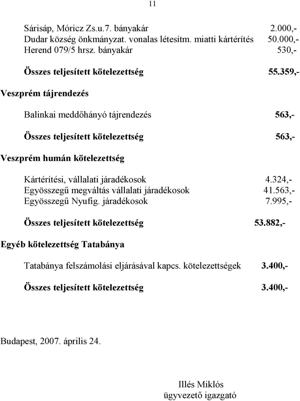 359,- Veszprém tájrendezés Balinkai meddőhányó tájrendezés 563,- Összes teljesített kötelezettség 563,- Veszprém humán kötelezettség Kártérítési, vállalati járadékosok 4.