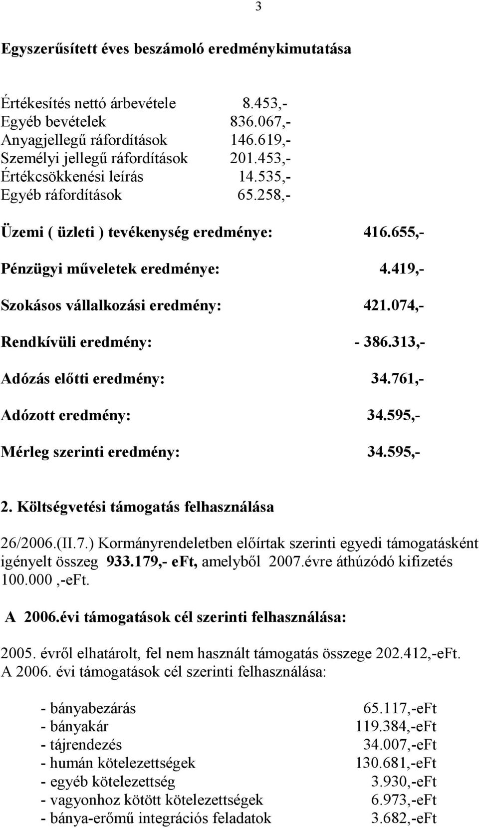 074,- Rendkívüli eredmény: - 386.313,- Adózás előtti eredmény: 34.761,- Adózott eredmény: 34.595,- Mérleg szerinti eredmény: 34.595,- 2. Költségvetési támogatás felhasználása 26/2006.(II.7.) Kormányrendeletben előírtak szerinti egyedi támogatásként igényelt összeg 933.