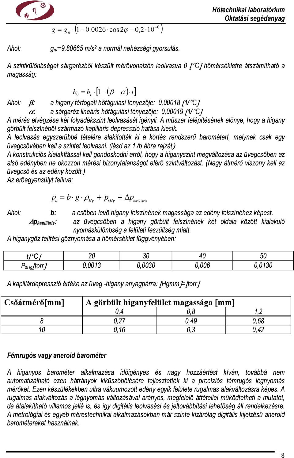 hőtágulási tényezője: 0,00019 1/C A mérés elvégzése két folyadékszint leolvasását igényli.