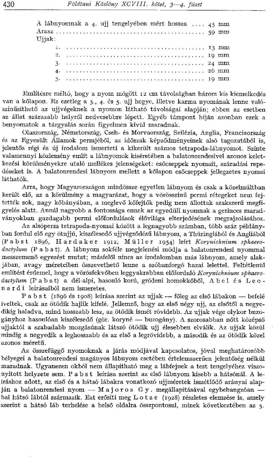 ujj hegye, illetve karma nyomának lenne valószínűsíthető az ujjvégeknek a nyomon látható távolságai alapján; ebben az esetben az állat szárazabb helyről nedvesebbre lépett.