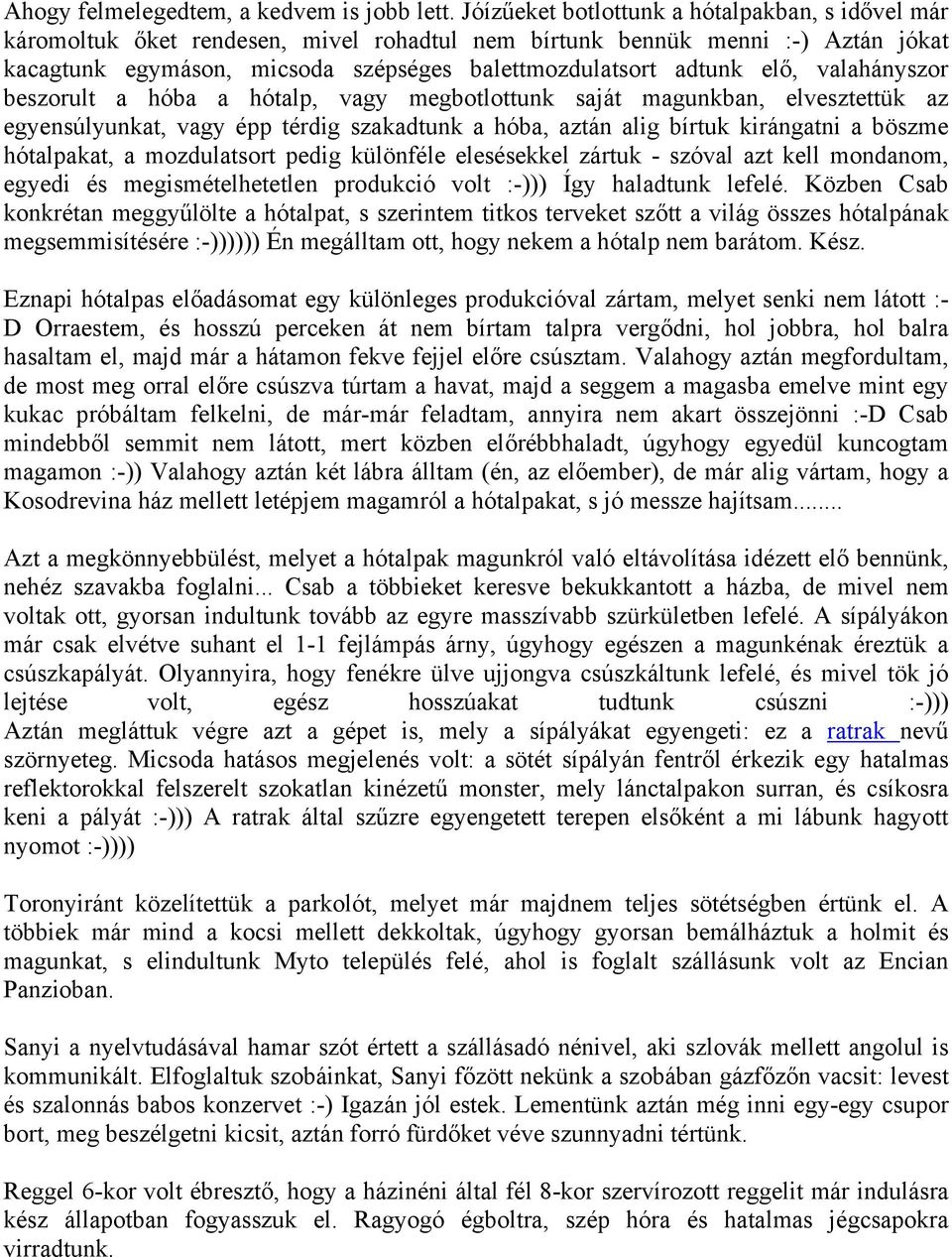 valahányszor beszorult a hóba a hótalp, vagy megbotlottunk saját magunkban, elvesztettük az egyensúlyunkat, vagy épp térdig szakadtunk a hóba, aztán alig bírtuk kirángatni a böszme hótalpakat, a