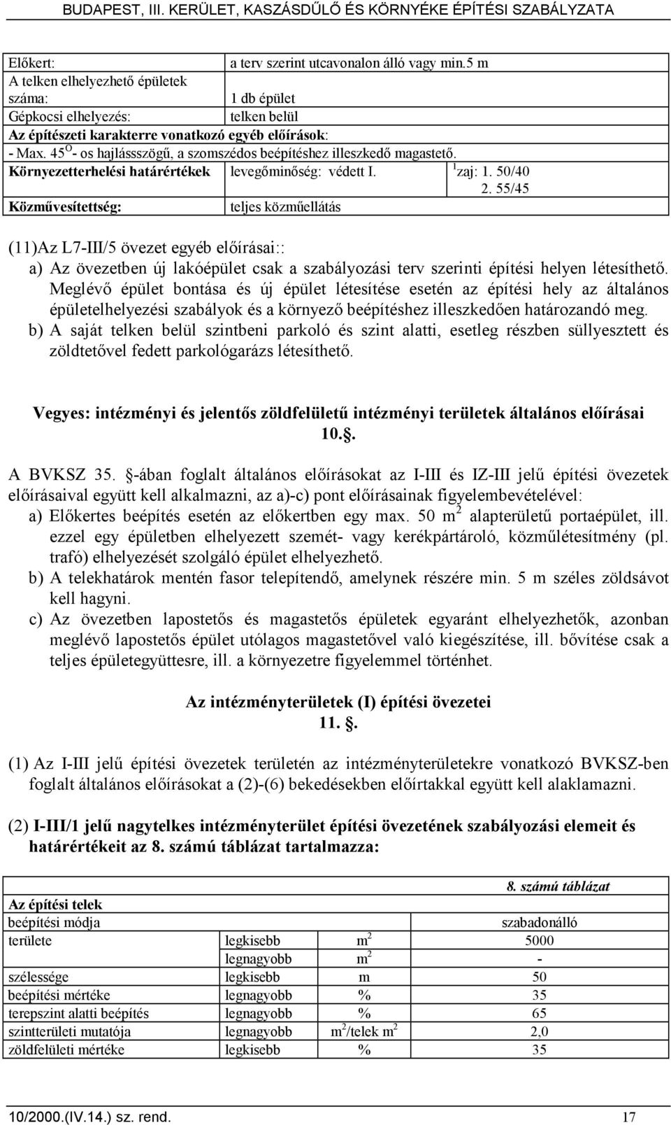 55/45 (11)Az L7-III/5 övezet egyéb elıírásai:: a) Az övezetben új lakóépület csak a szabályozási terv szerinti építési helyen létesíthetı.