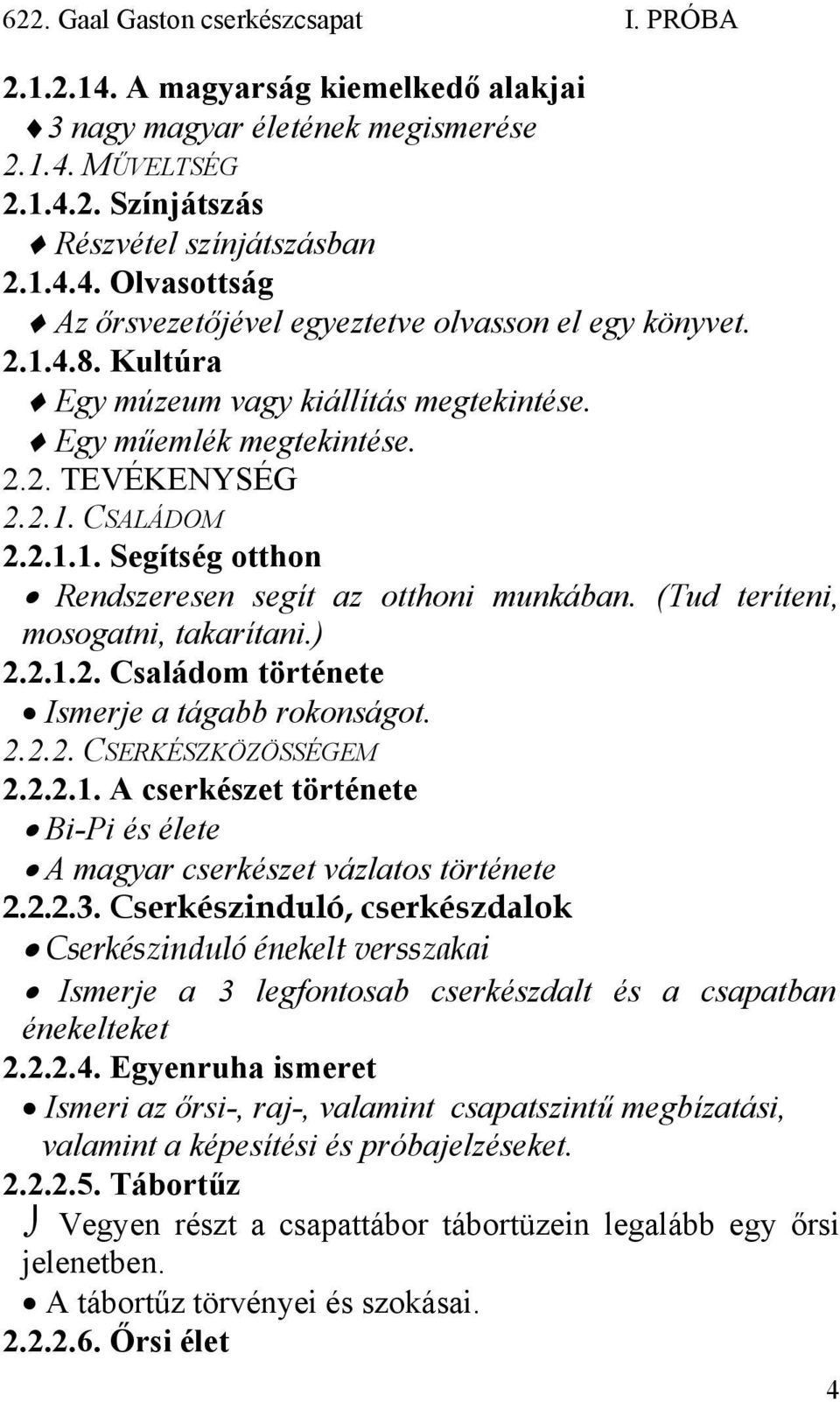 (Tud teríteni, mosogatni, takarítani.) 2.2.1.2. Családom története Ismerje a tágabb rokonságot. 2.2.2. CSERKÉSZKÖZÖSSÉGEM 2.2.2.1. A cserkészet története Bi-Pi és élete A magyar cserkészet vázlatos története 2.