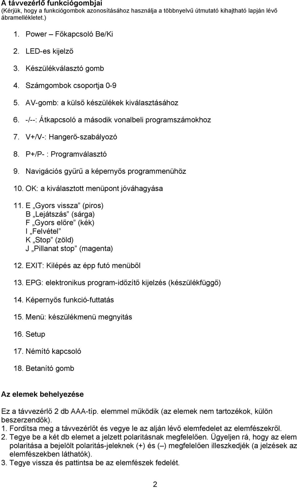 P+/P- : Programválasztó 9. Navigációs gyűrű a képernyős programmenühöz 10. OK: a kiválasztott menüpont jóváhagyása 11.