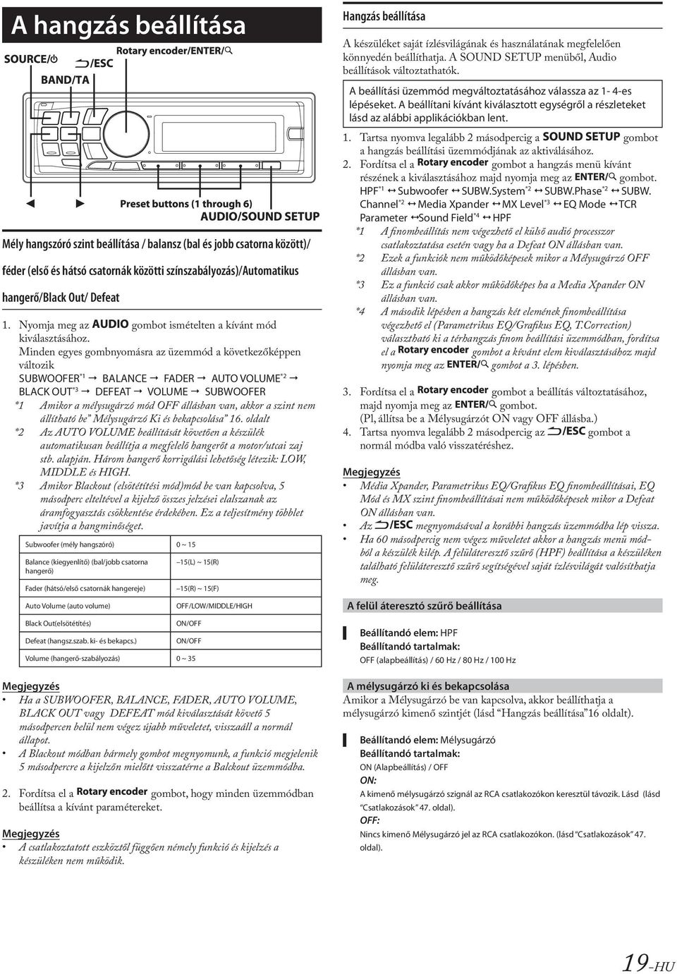 Minden egyes gombnyomásra az üzemmód a következőképpen változik SUBWOOFER *1 BALANCE FADER AUTO VOLUME *2 BLACK OUT *3 DEFEAT VOLUME SUBWOOFER *1 Amikor a mélysugárzó mód OFF állásban van, akkor a