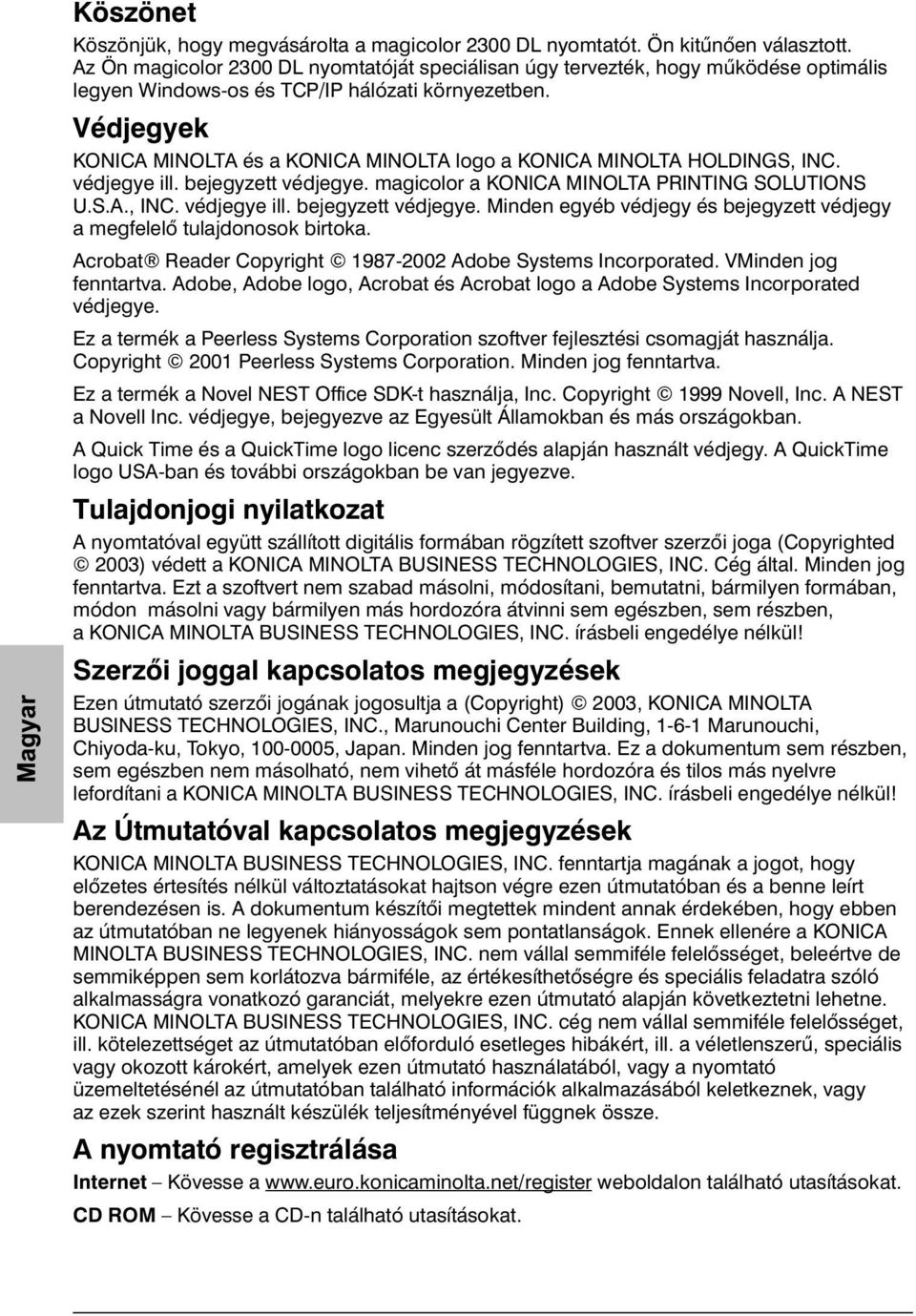 Védjegyek KONICA MINOLTA és a KONICA MINOLTA logo a KONICA MINOLTA HOLDINGS, INC. védjegye ill. bejegyzett védjegye. magicolor a KONICA MINOLTA PRINTING SOLUTIONS U.S.A., INC. védjegye ill. bejegyzett védjegye. Minden egyéb védjegy és bejegyzett védjegy a megfelelő tulajdonosok birtoka.