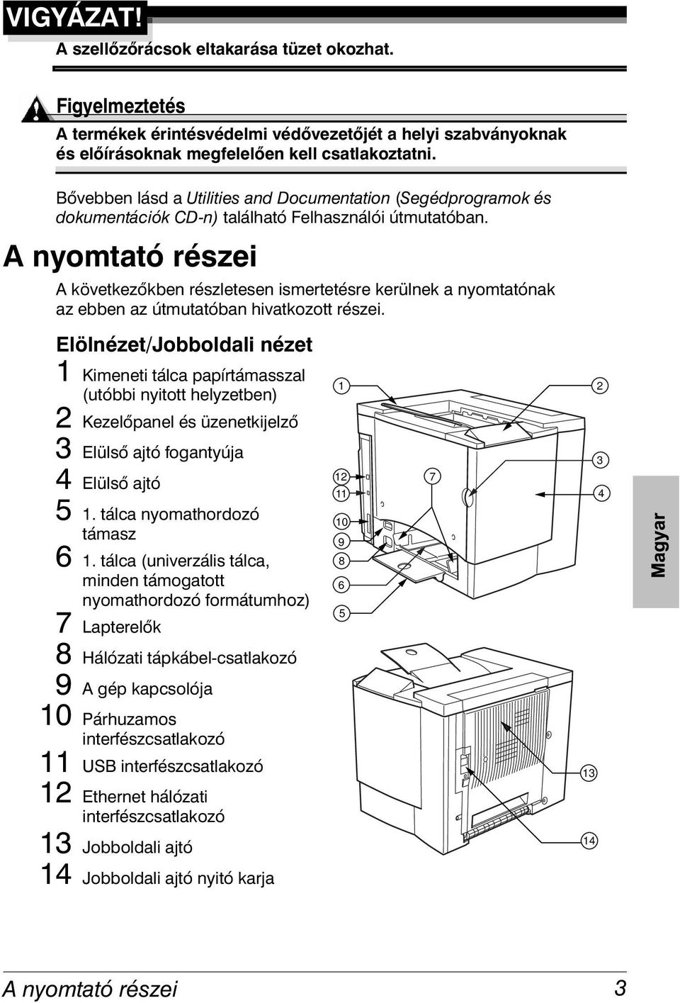 A nyomtató részei A következőkben részletesen ismertetésre kerülnek a nyomtatónak az ebben az útmutatóban hivatkozott részei.