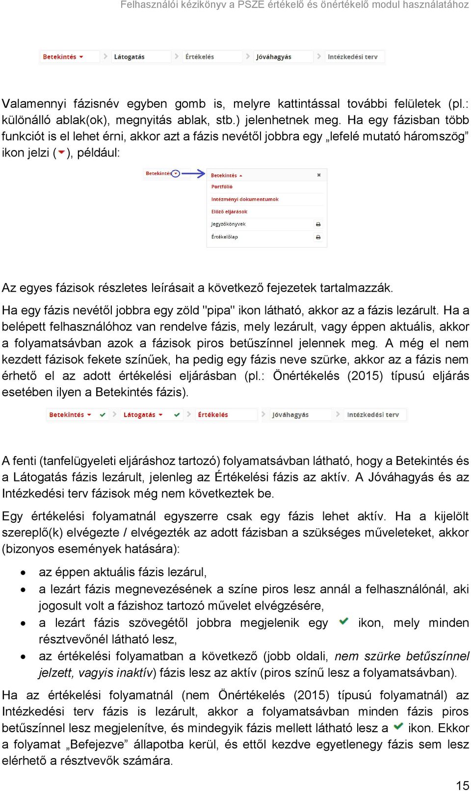 tartalmazzák. Ha egy fázis nevétől jobbra egy zöld "pipa" ikon látható, akkor az a fázis lezárult.