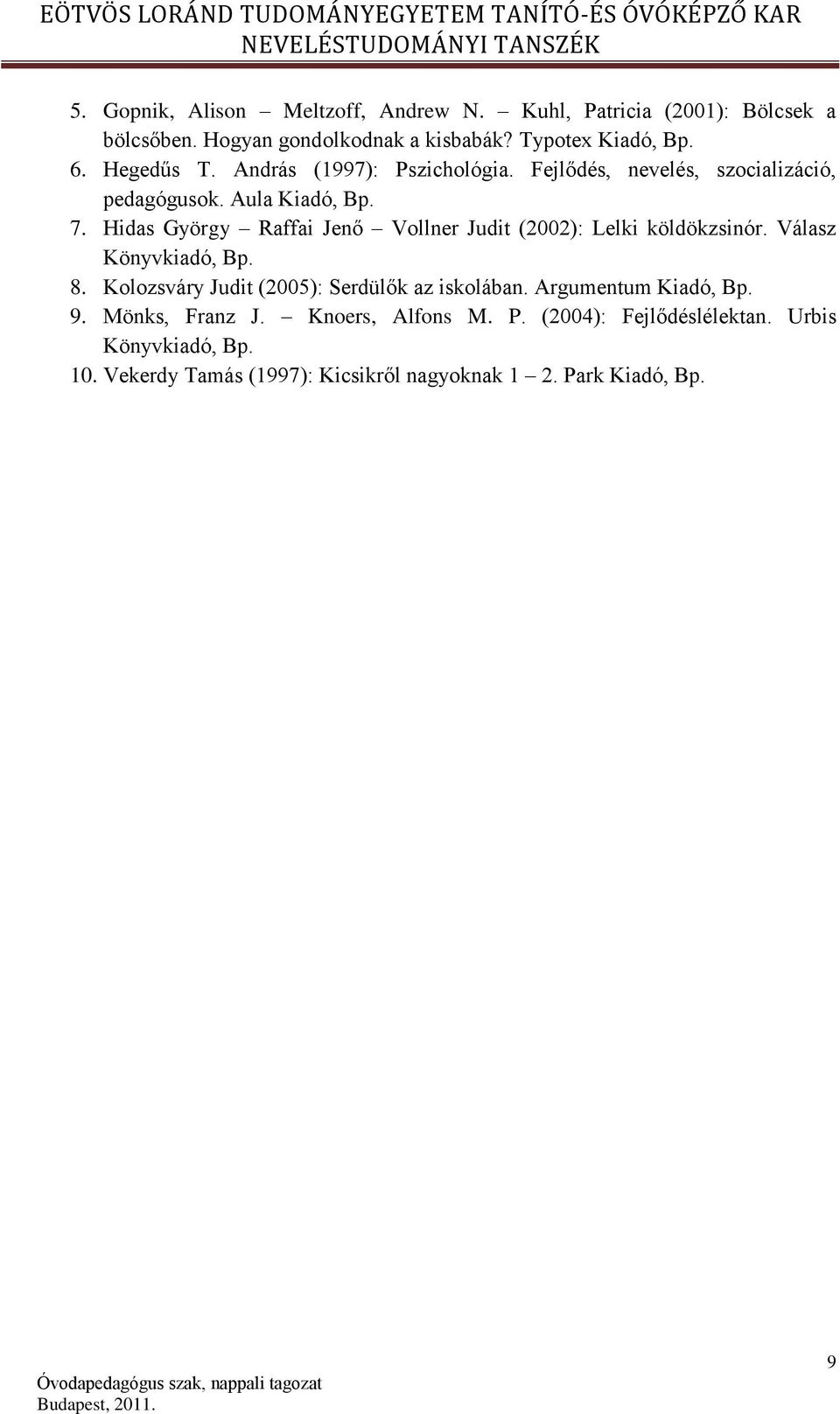 Hidas György Raffai Jenő Vollner Judit (2002): Lelki köldökzsinór. Válasz Könyvkiadó, Bp. 8. Kolozsváry Judit (2005): Serdülők az iskolában.