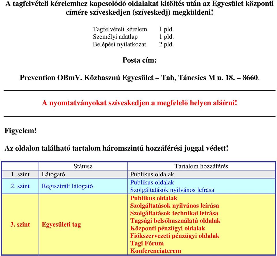 Az oldalon található tartalom háromszintű hozzáférési joggal védett! Státusz Tartalom hozzáférés 1. szint Látogató Publikus oldalak 2.