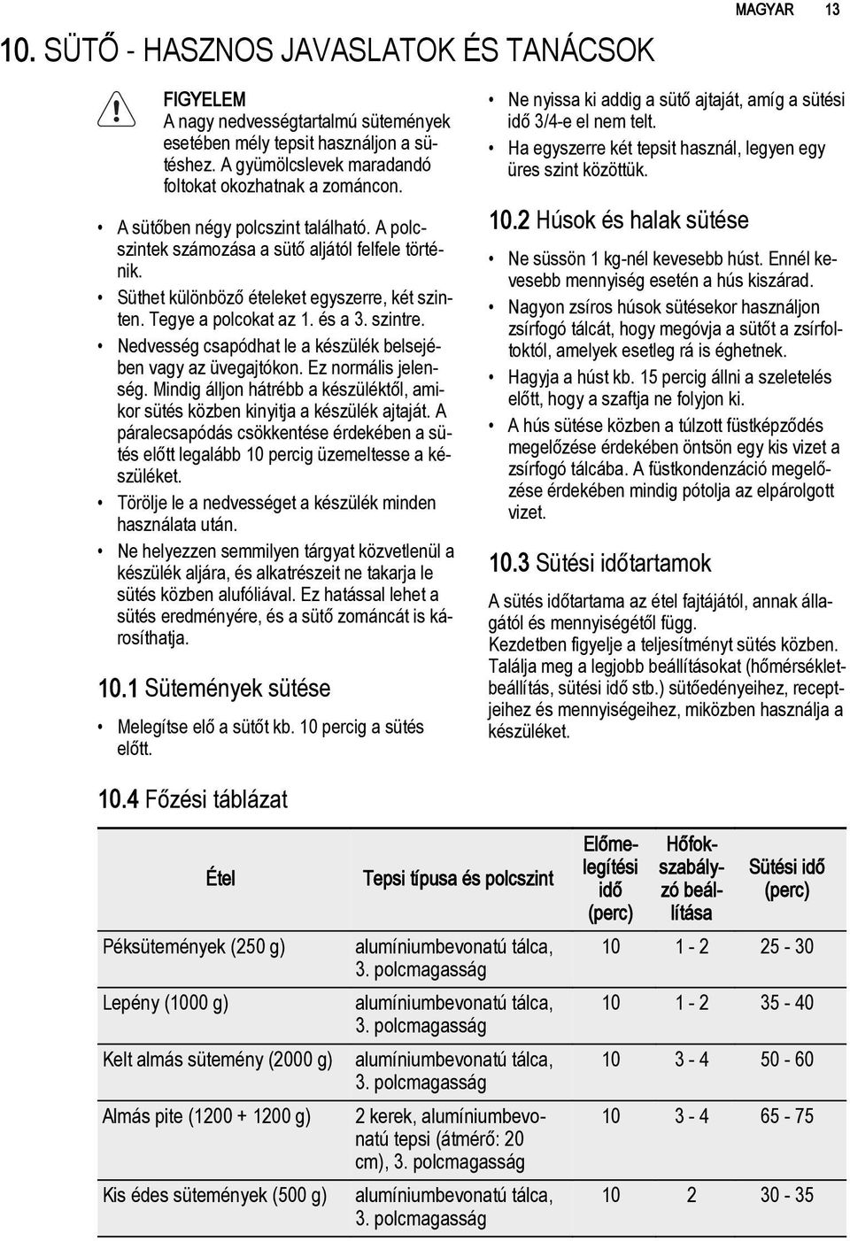 Nedvesség csapódhat le a készülék belsejében vagy az üvegajtókon. Ez normális jelenség. Mindig álljon hátrébb a készüléktől, amikor sütés közben kinyitja a készülék ajtaját.