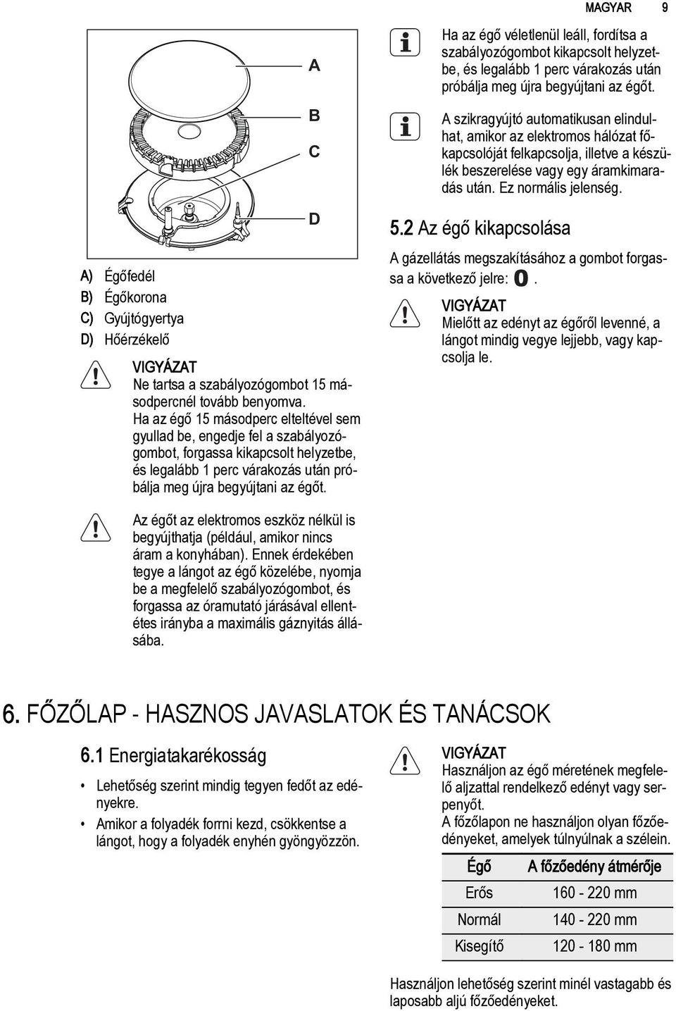 Ha az égő véletlenül leáll, fordítsa a szabályozógombot kikapcsolt helyzetbe, és legalább 1 perc várakozás után próbálja meg újra begyújtani az égőt.