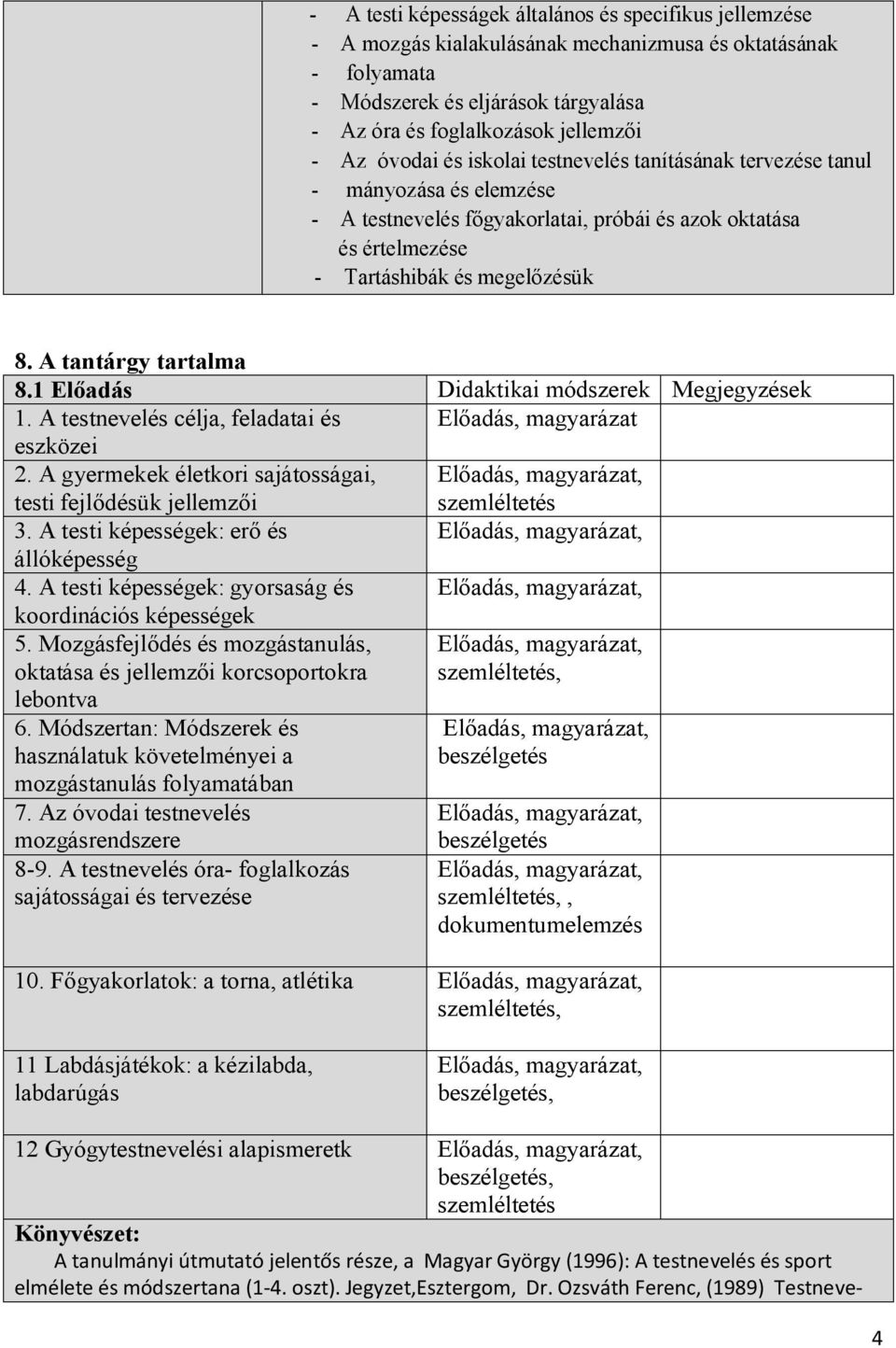 A tantárgy tartalma 8.1 Előadás Didaktikai módszerek Megjegyzések 1. A testnevelés célja, feladatai és Előadás, magyarázat eszközei 2.