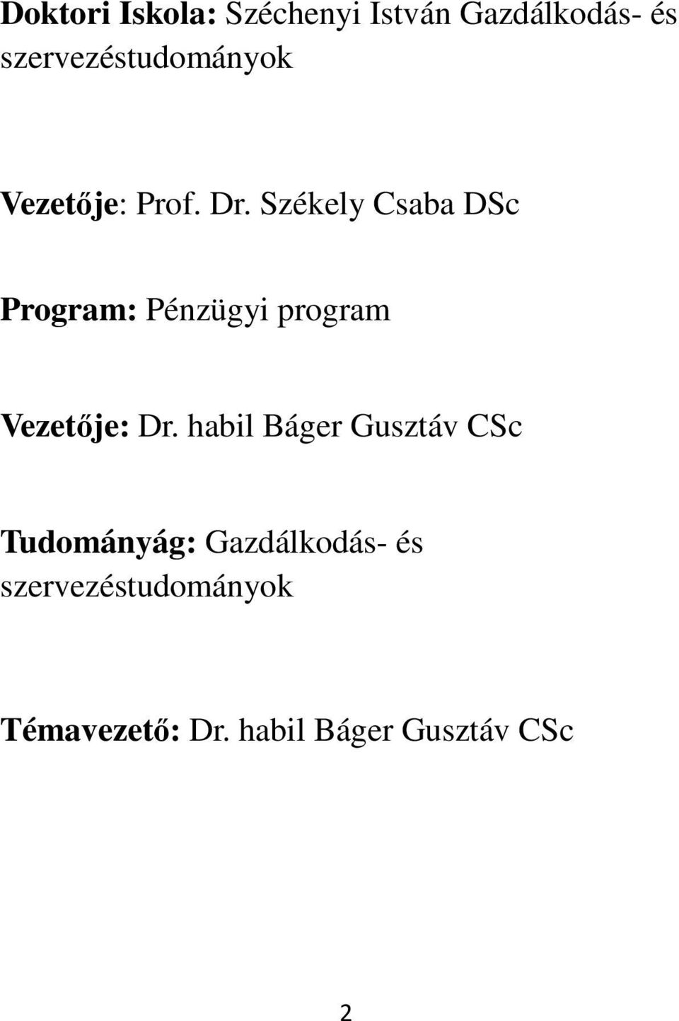 Székely Csaba DSc Program: Pénzügyi program Vezetje: Dr.