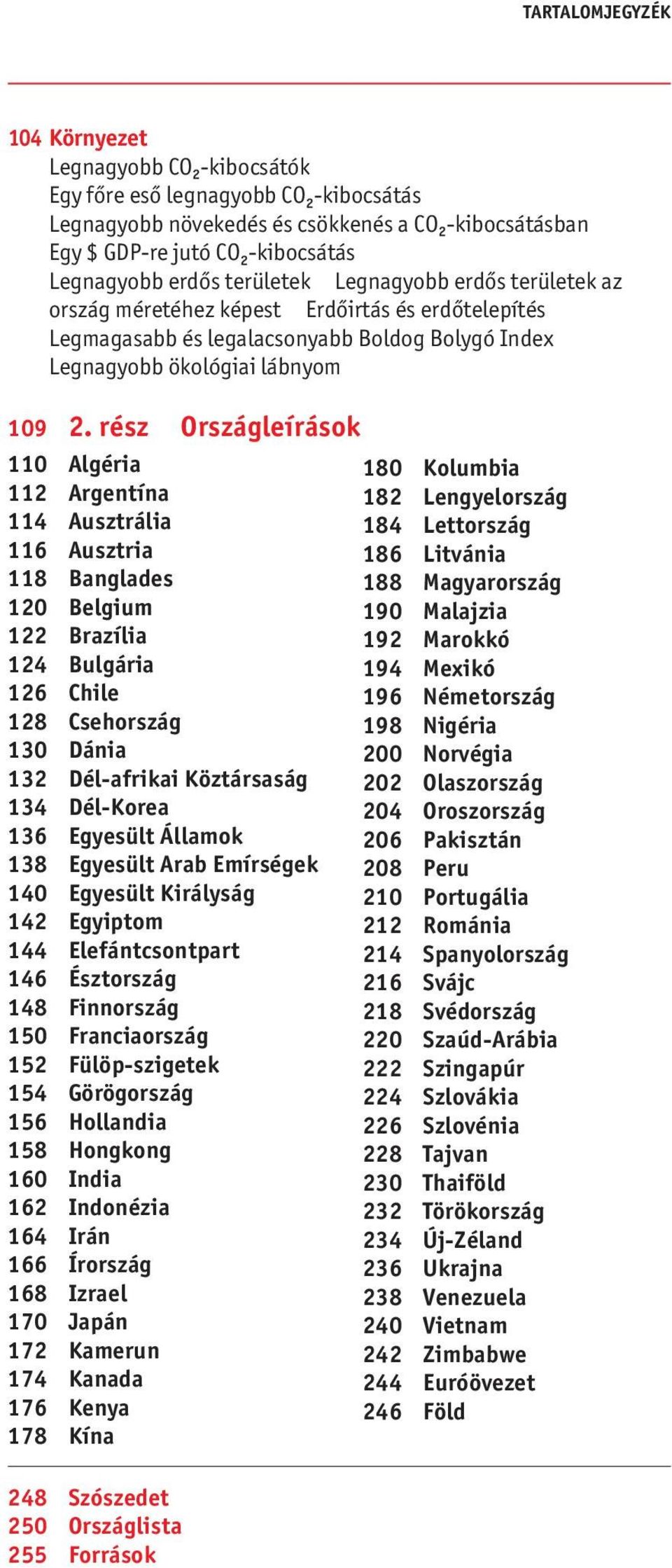 rész Országleírások 110 Algéria 112 Argentína 114 Ausztrália 116 Ausztria 118 Banglades 120 Belgium 122 Brazília 124 Bulgária 126 Chile 128 Csehország 130 Dánia 132 Dél-afrikai Köztársaság 134