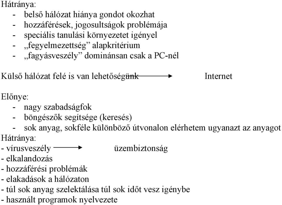 szabadságfok - böngészők segítsége (keresés) - sok anyag, sokféle különböző útvonalon elérhetem ugyanazt az anyagot Hátránya: - vírusveszély