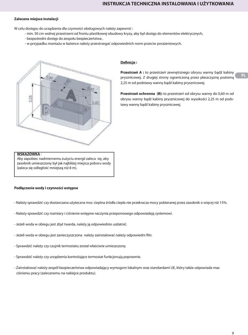 przestrzegać odpowiednich norm przeciw porażeniowych. Definicje : Przestrzeń A : to przestrzeń zewnętrznego obrysu wanny bądź kabiny prysznicowej.