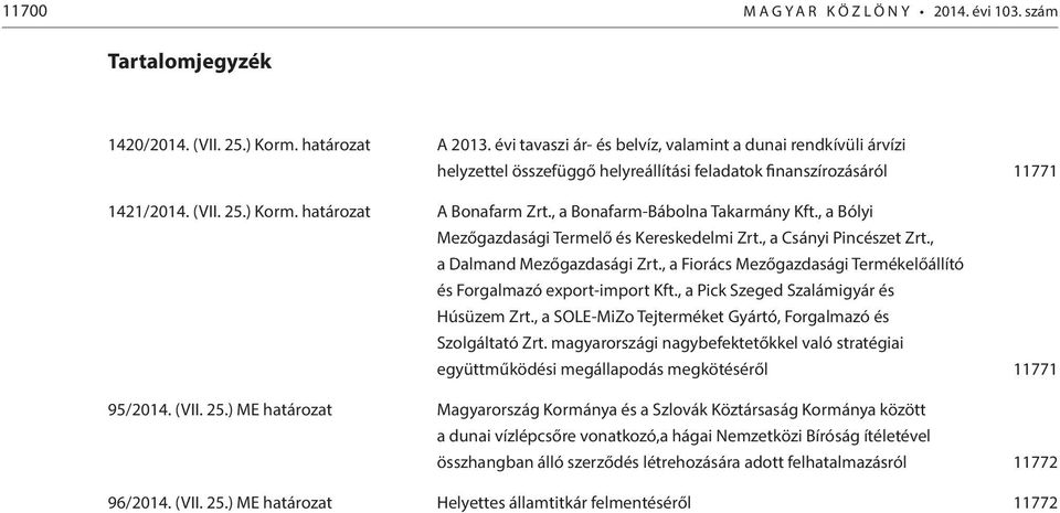 , a Bonafarm-Bábolna Takarmány Kft., a Bólyi Mezőgazdasági Termelő és Kereskedelmi Zrt., a Csányi Pincészet Zrt., a Dalmand Mezőgazdasági Zrt.