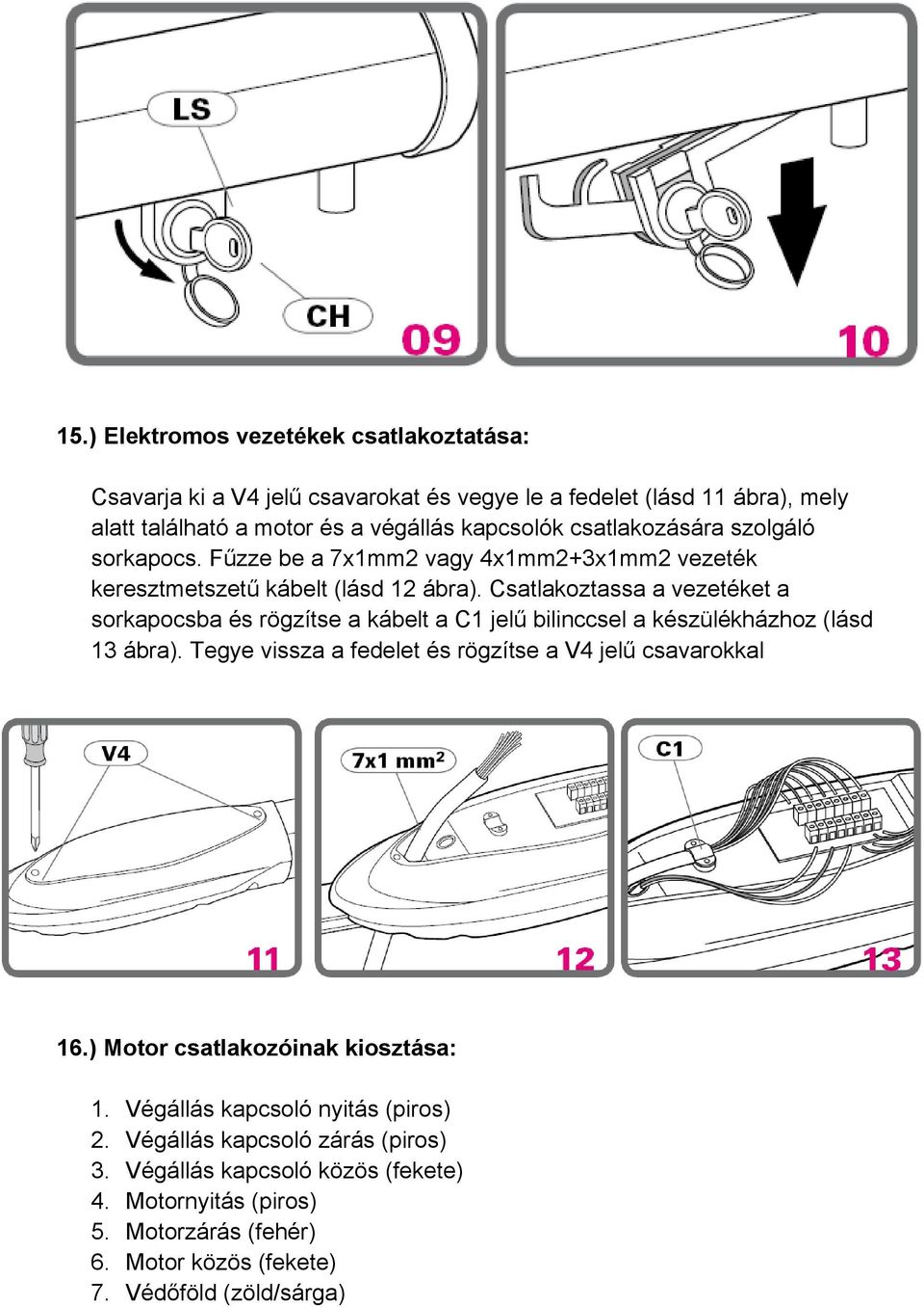 Csatlakoztassa a vezetéket a sorkapocsba és rögzítse a kábelt a C1 jelű bilinccsel a készülékházhoz (lásd 13 ábra).