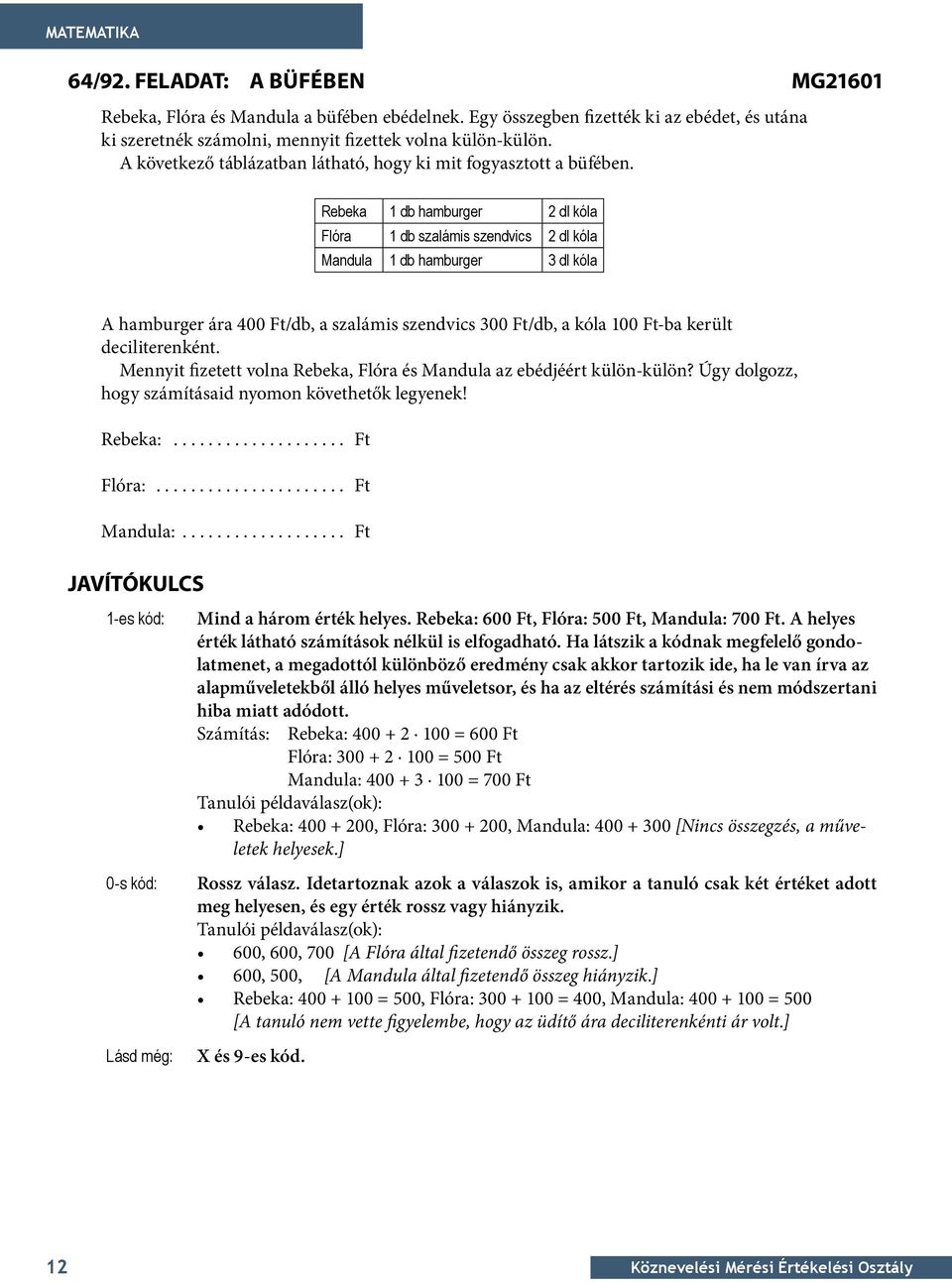 Rebeka 1 db hamburger 2 dl kóla Flóra 1 db szalámis szendvics 2 dl kóla Mandula 1 db hamburger 3 dl kóla MG2161 A hamburger ára 4 Ft/db, a szalámis szendvics 3 Ft/db, a kóla 1 Ft-ba került