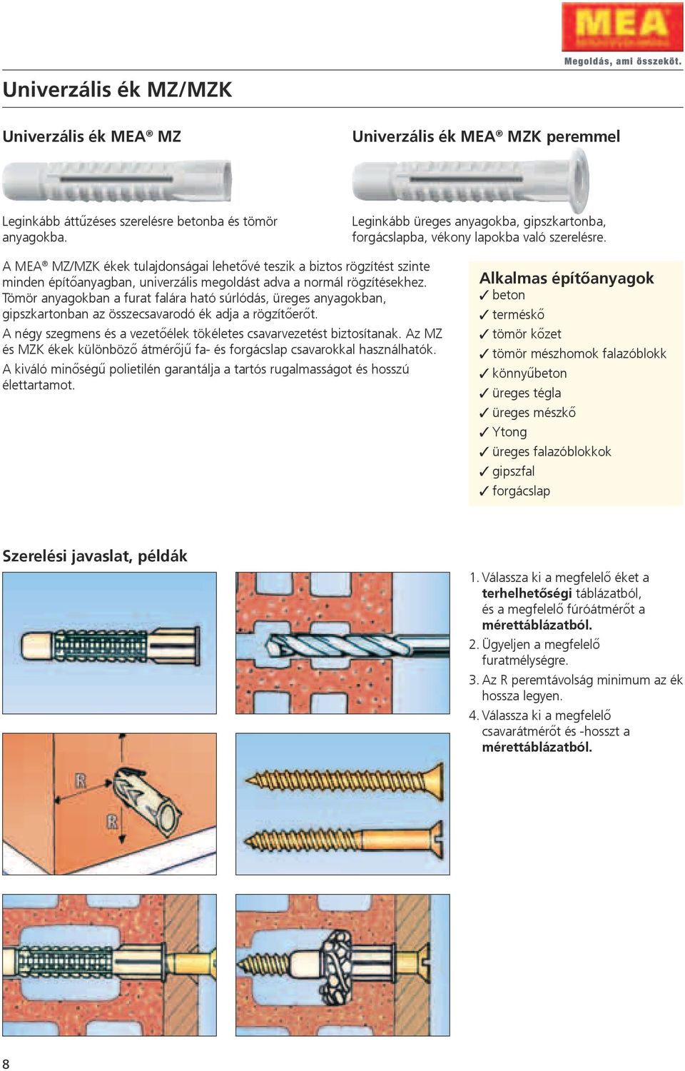 A MEA MZ/MZK ékek tulajdonságai lehetővé teszik a biztos rögzítést szinte minden építőanyagban, univerzális megoldást adva a normál rögzítésekhez.